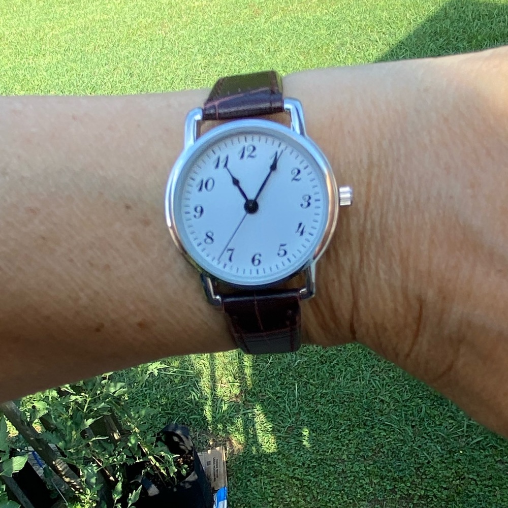 Fashion watch white round face brown vegan leather strap fully functional